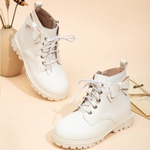 Girls Bow Decor Zip Side Lace-up Front Combat Boots White/EUR27 - Picture 2 of 8